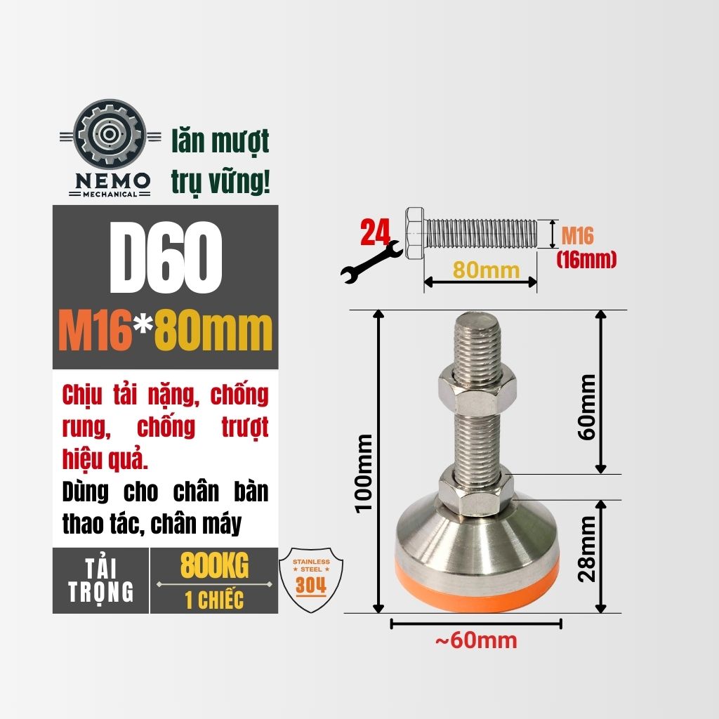 Chân Tăng Chỉnh Inox 304 Ren M16 – Đế Bát Dày Chịu Tải Siêu Nặng 800kg, Chống Ăn Mòn Tuyệt Đối